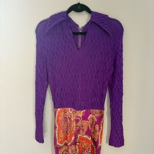 Vintage 60s 70s Psychedelic Paisley Maxi Dress with Corset Vinyl Belt